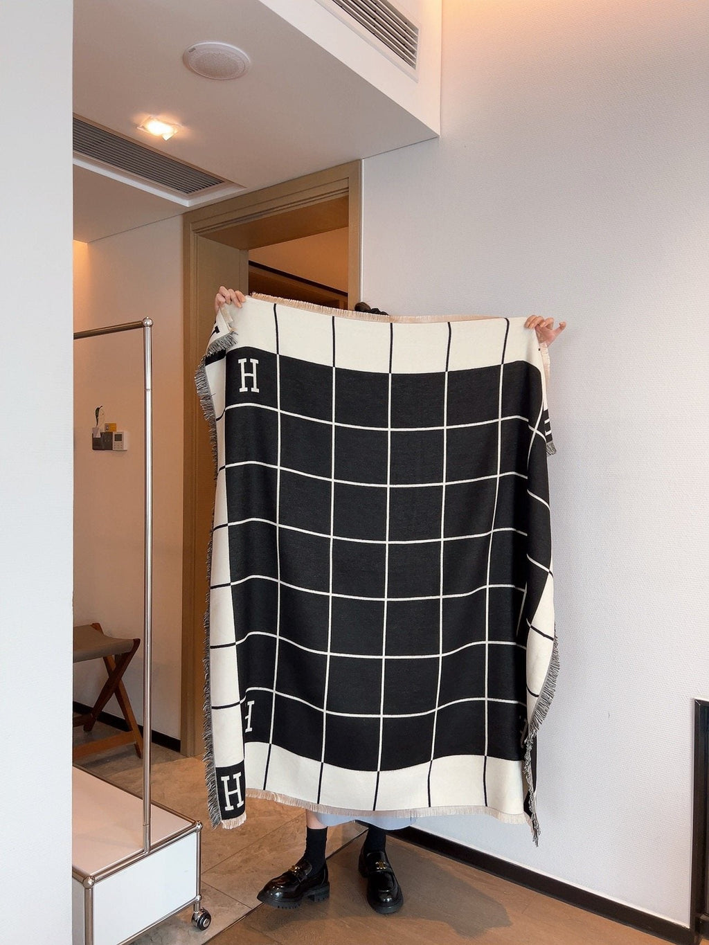 Hermès Black & Cream Grid Square Scarf — front