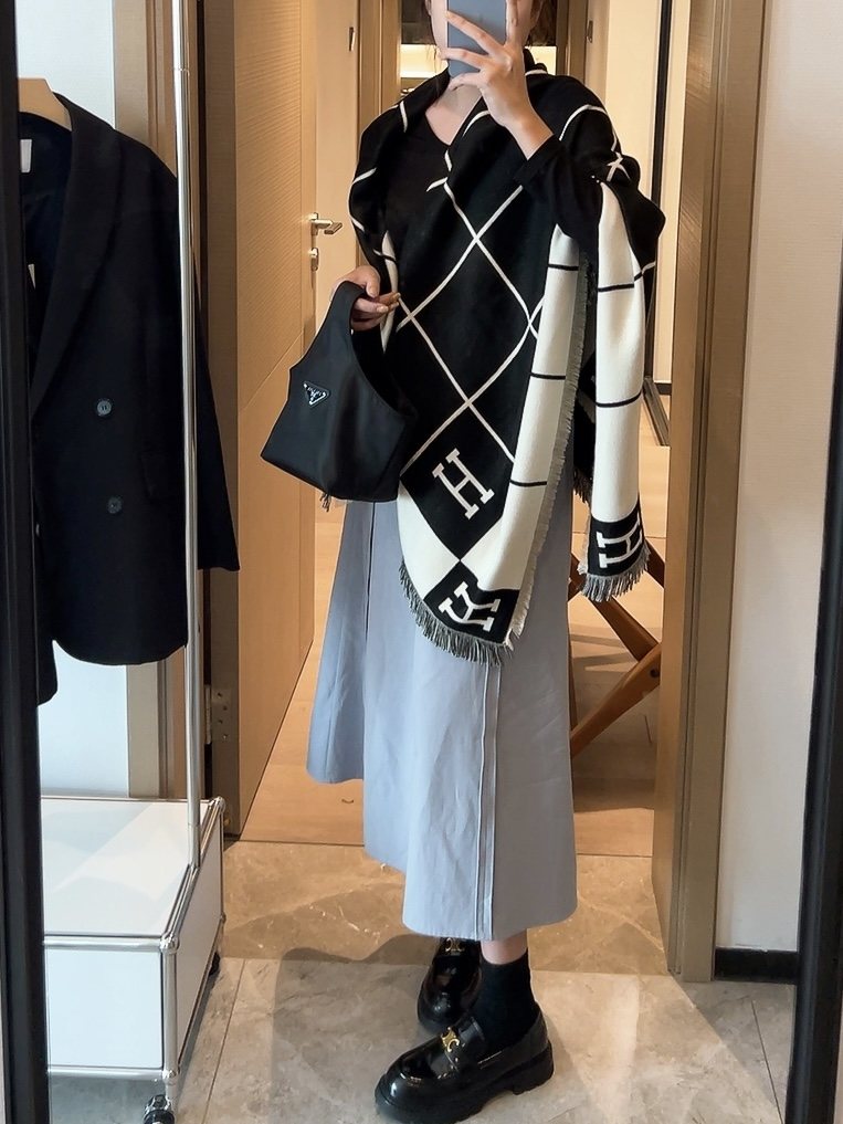 Hermès Black & Cream Grid Square Scarf — model
