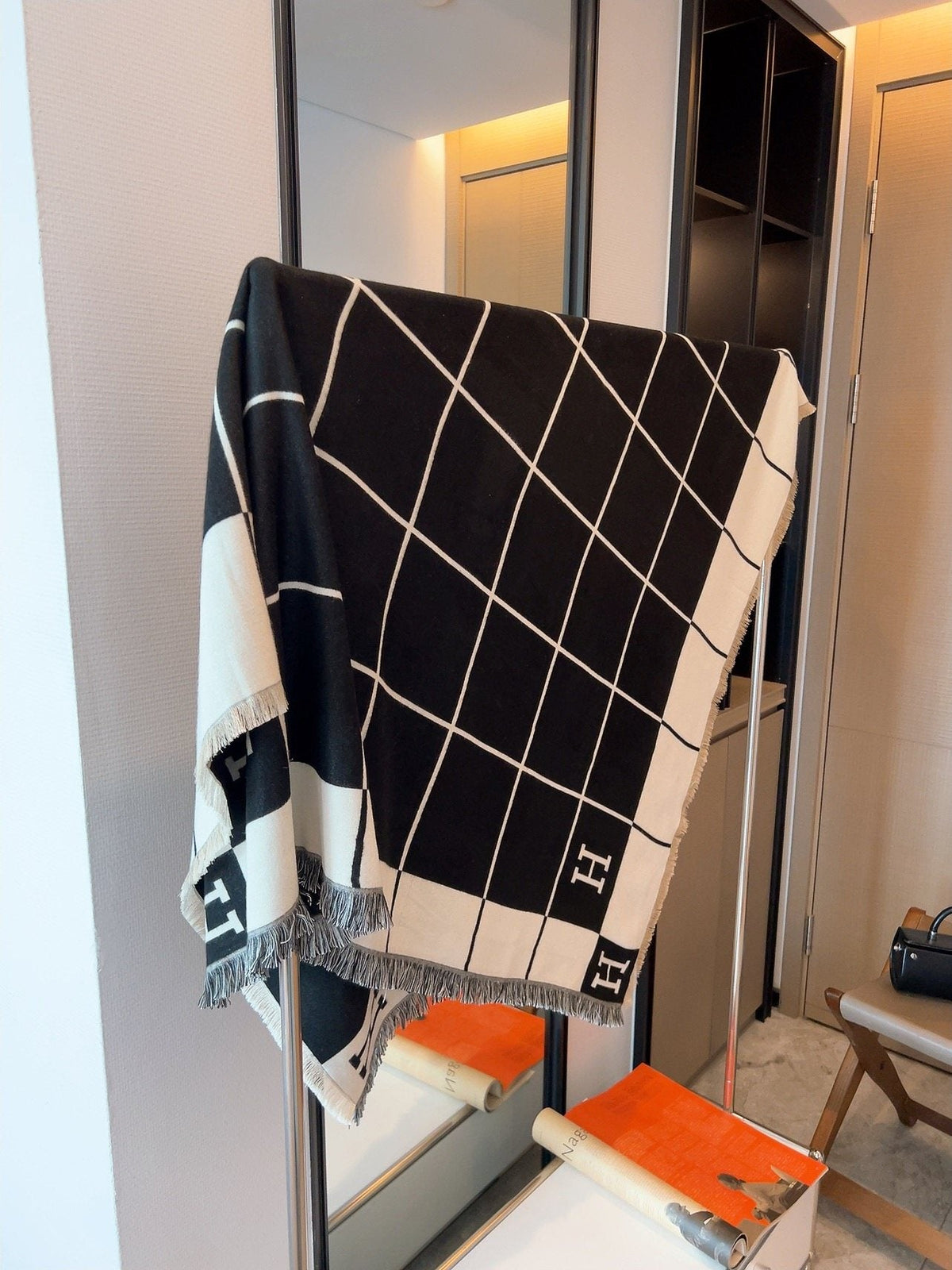 Hermès Black & Cream Grid Square Scarf — front