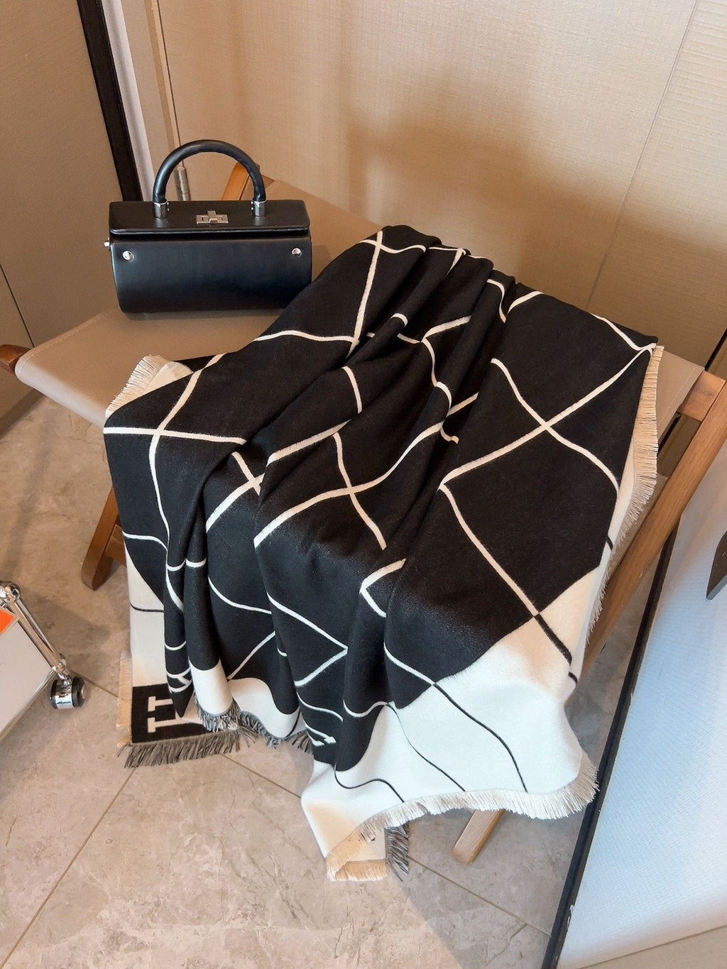 Hermès Black & Cream Grid Square Scarf — side