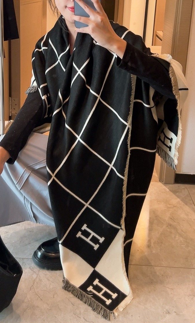 Hermès Black & Cream Grid Square Scarf — front