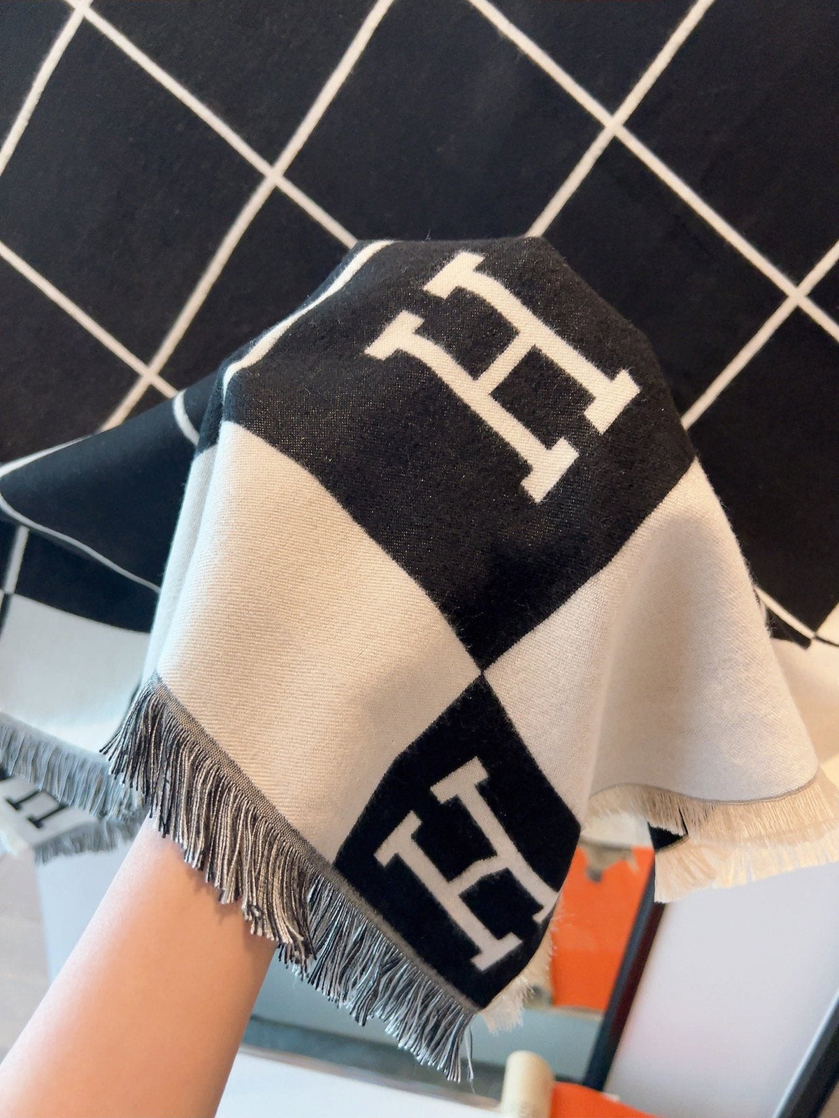 Hermès Black & Cream Grid Square Scarf — detail