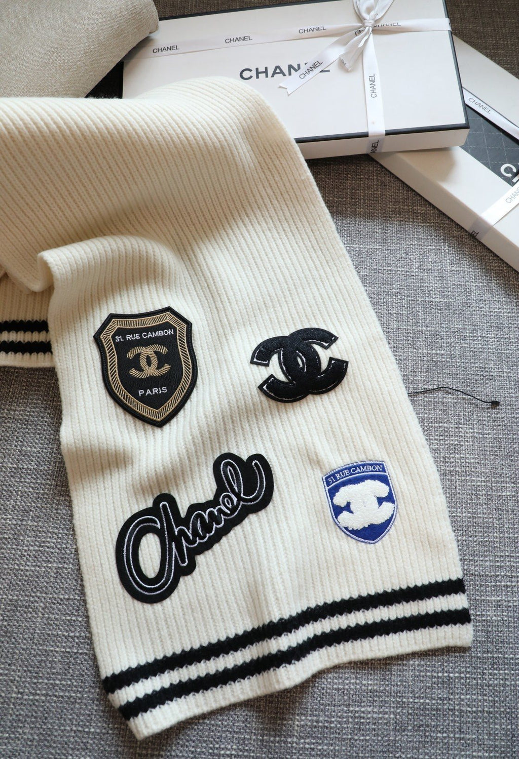Chanel Emblem Rib-Knit Scarf — front