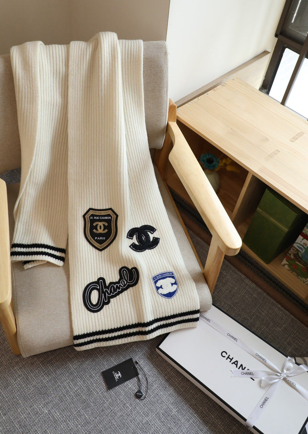 Chanel Emblem Rib-Knit Scarf — side