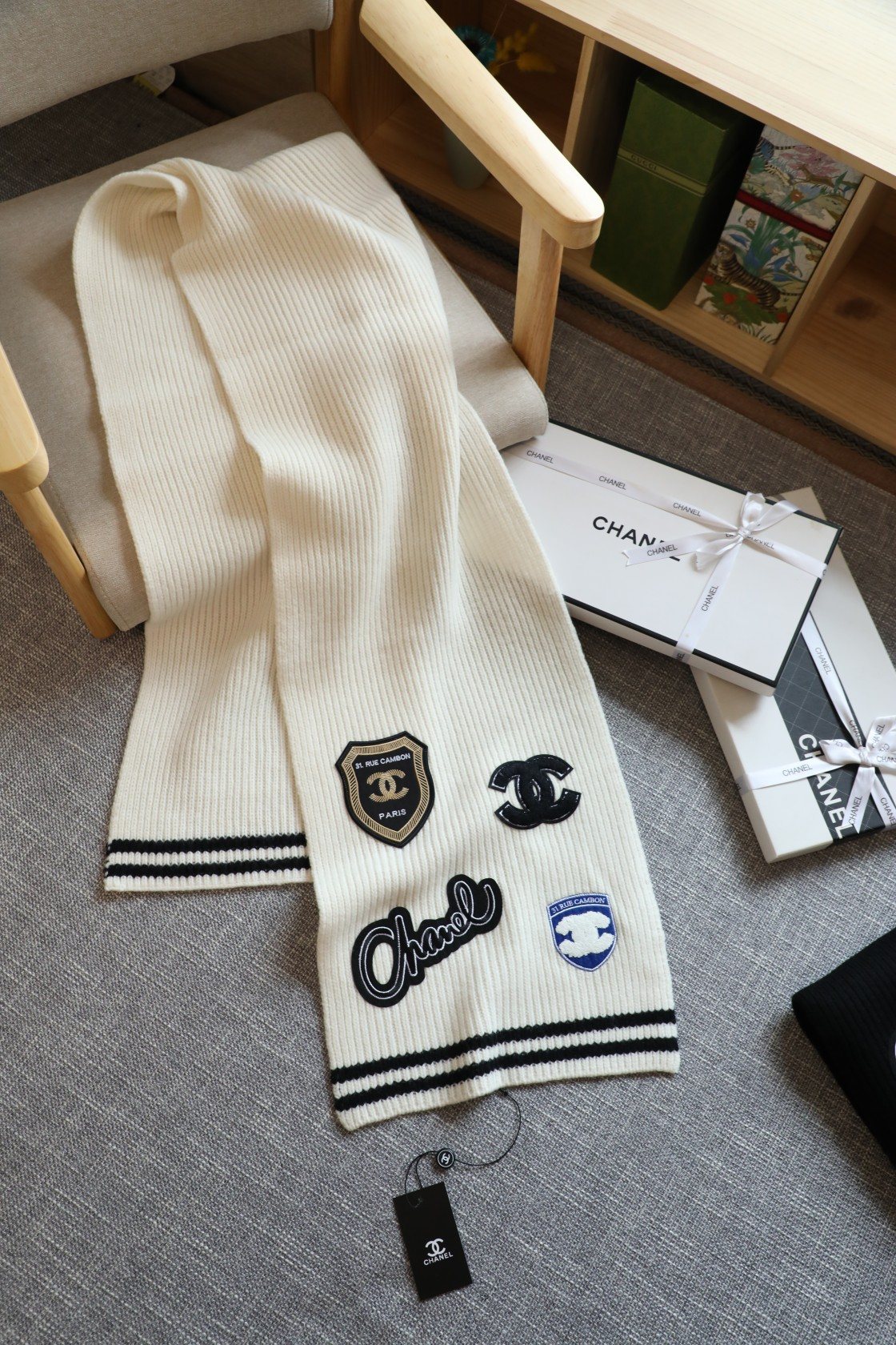 Chanel Emblem Rib-Knit Scarf — front