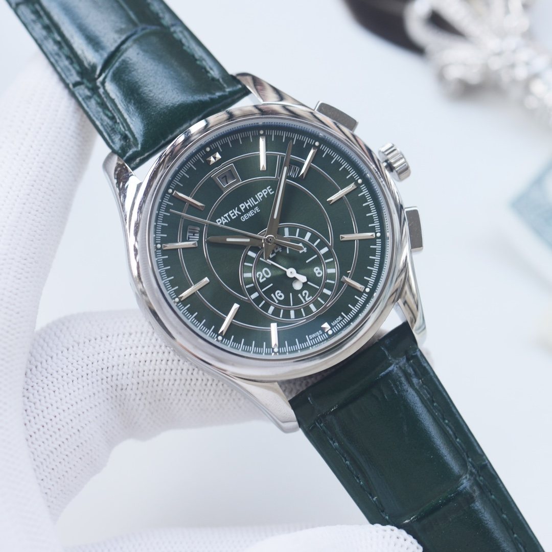 Patek Philippe Silver Green Dial Strap Watch — hero