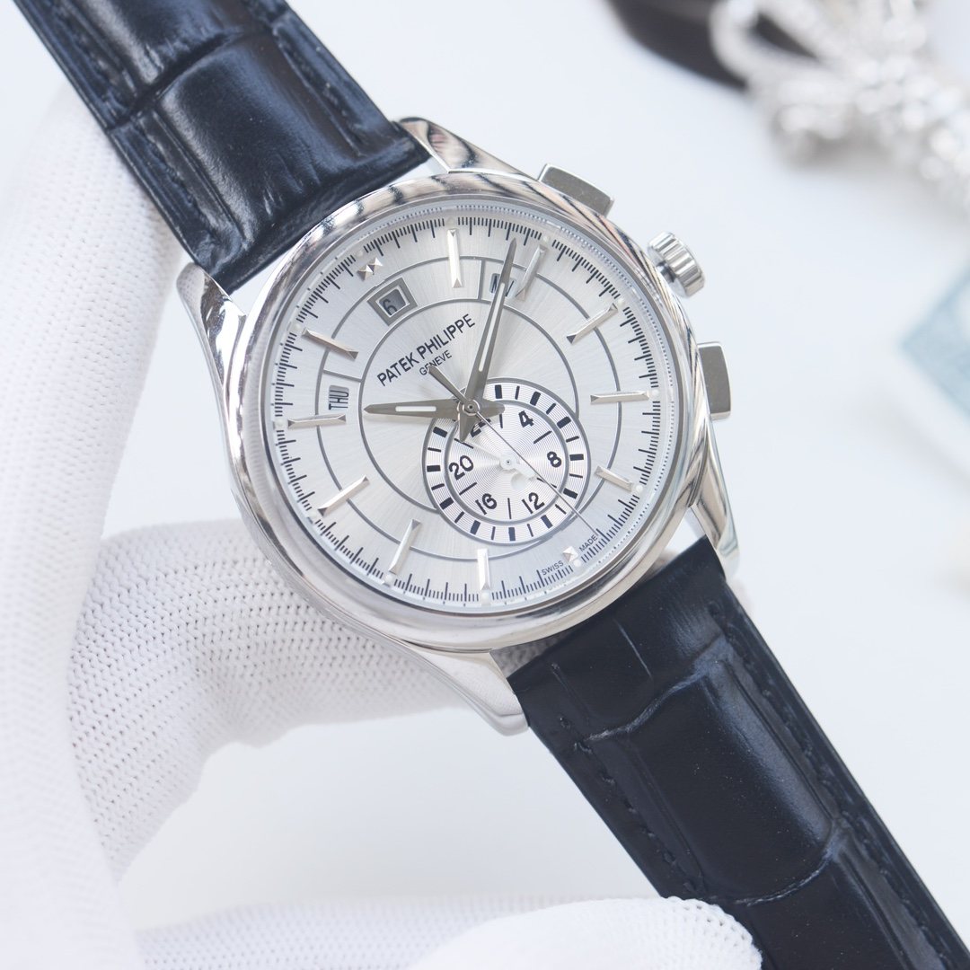 Patek Philippe Black Silver White Dial Strap Watch — front