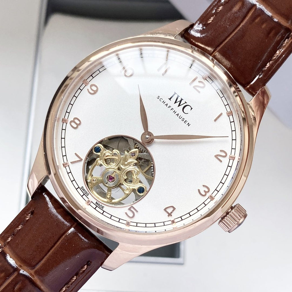 IWC Rose Gold Brown White Dial Strap Watch — detail