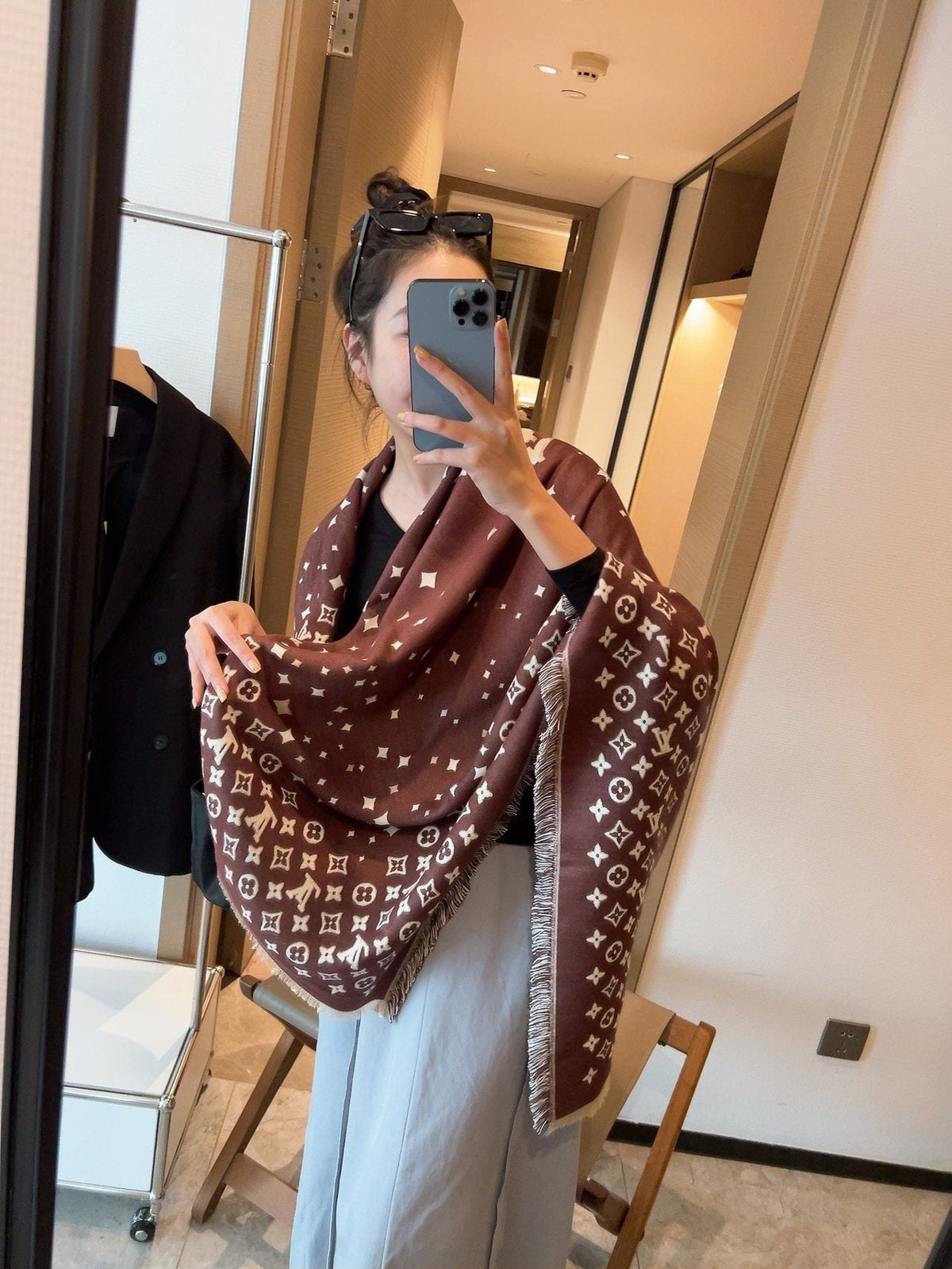Louis Vuitton Brown Fringe Shawl — model