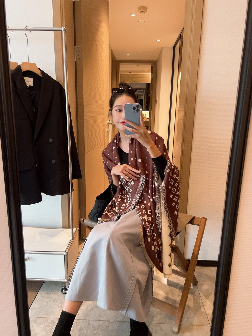 Louis Vuitton Brown Fringe Shawl — model