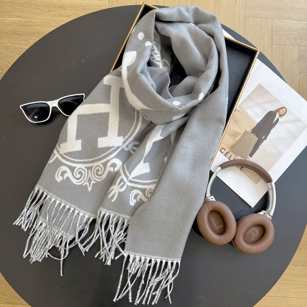 Fringed Knit Scarf with Ornamental Motif — hero