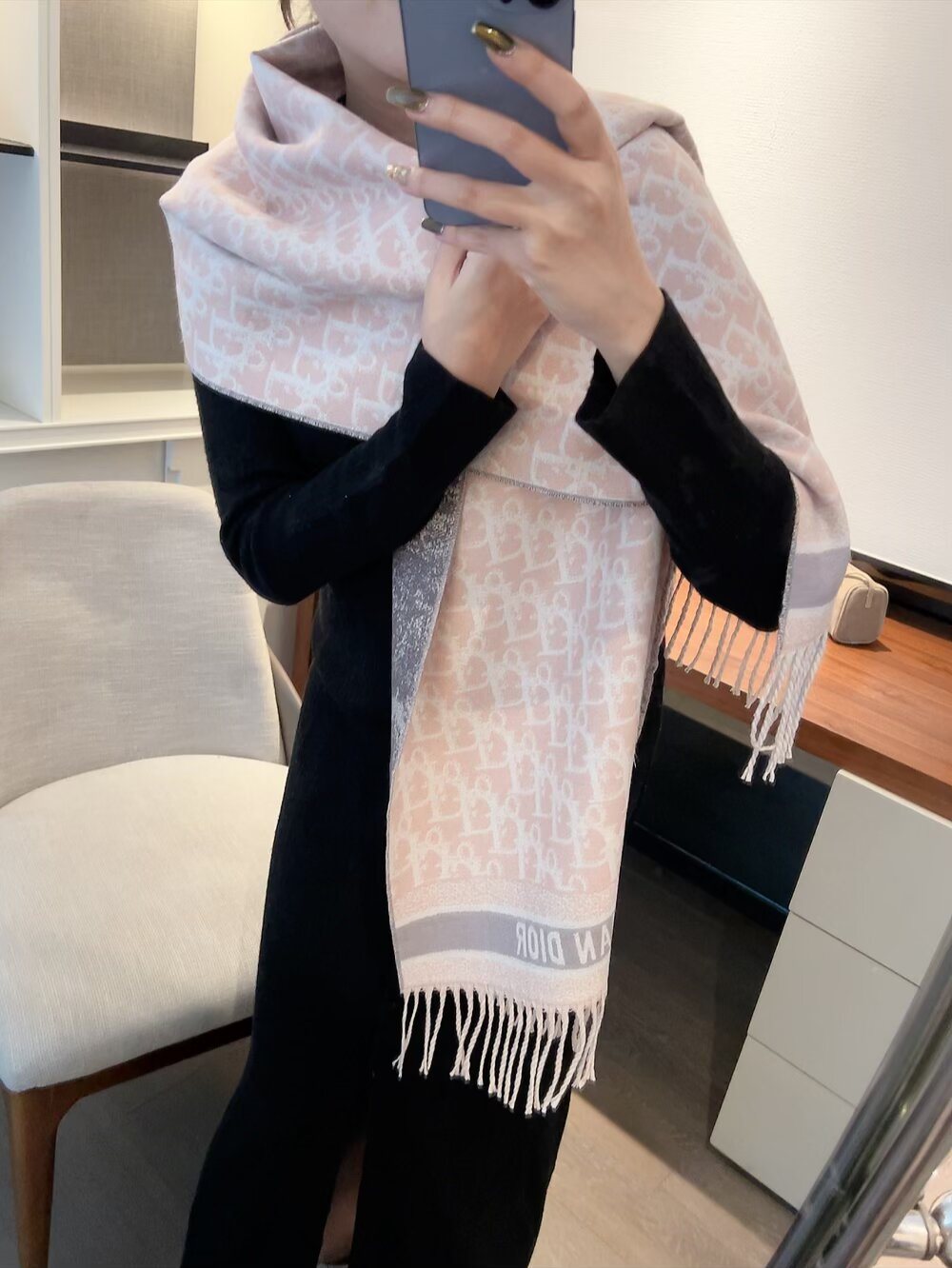 Dior Monogram Fringed Scarf — model