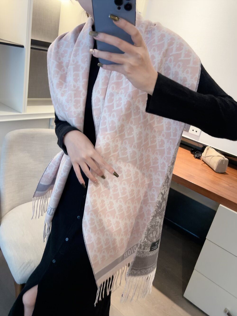 Dior Monogram Fringed Scarf — model
