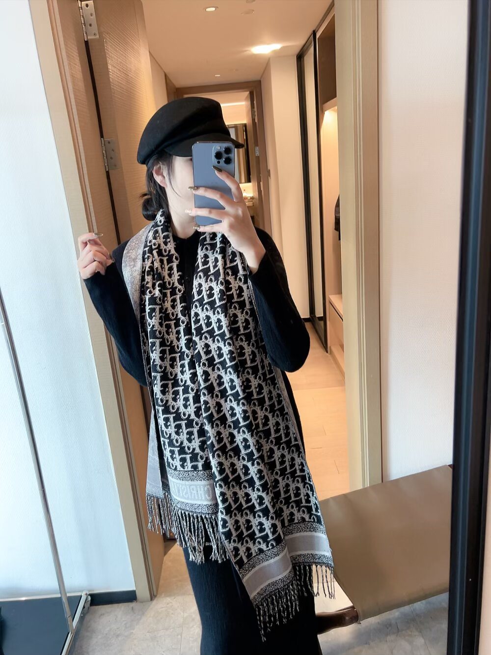 Dior Monogram Fringed Scarf — model