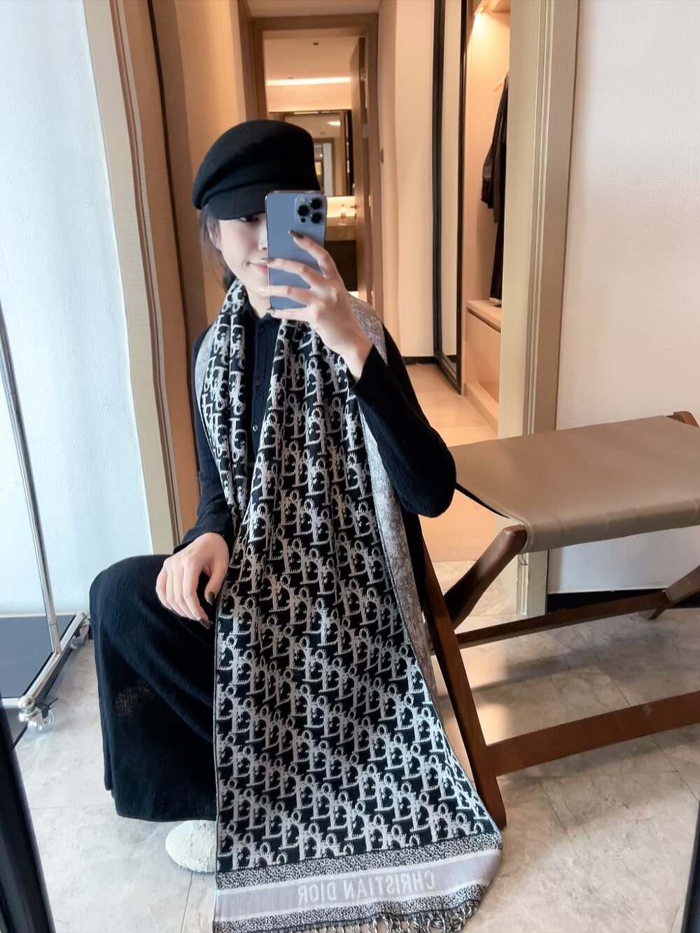 Dior Monogram Fringed Scarf — model