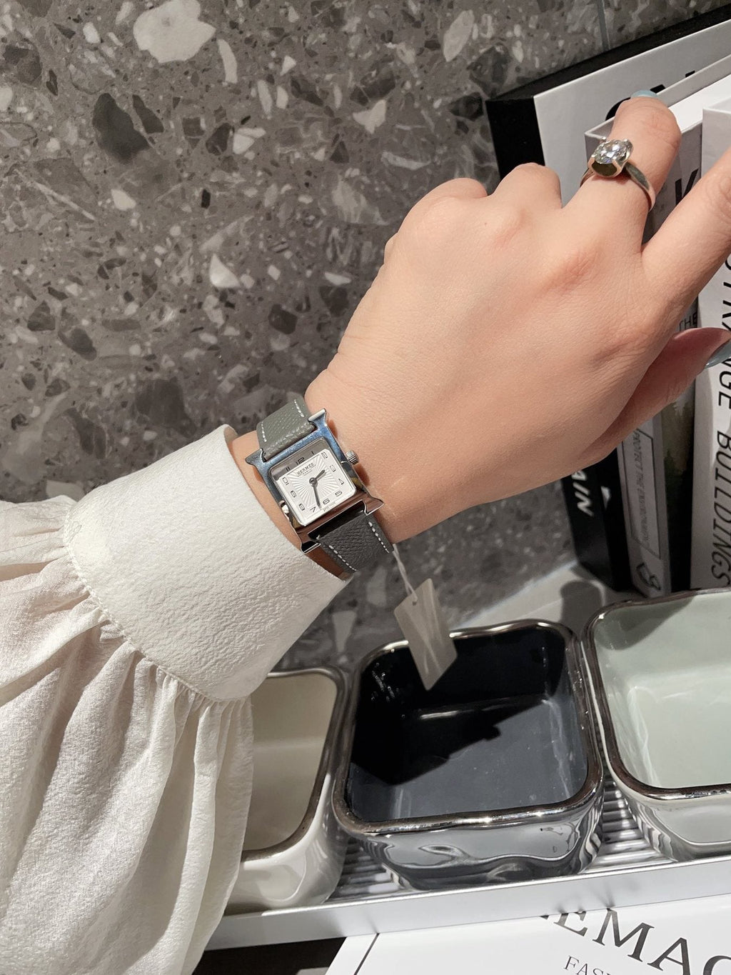 Hermès Brown Silver White Dial Strap Watch — model