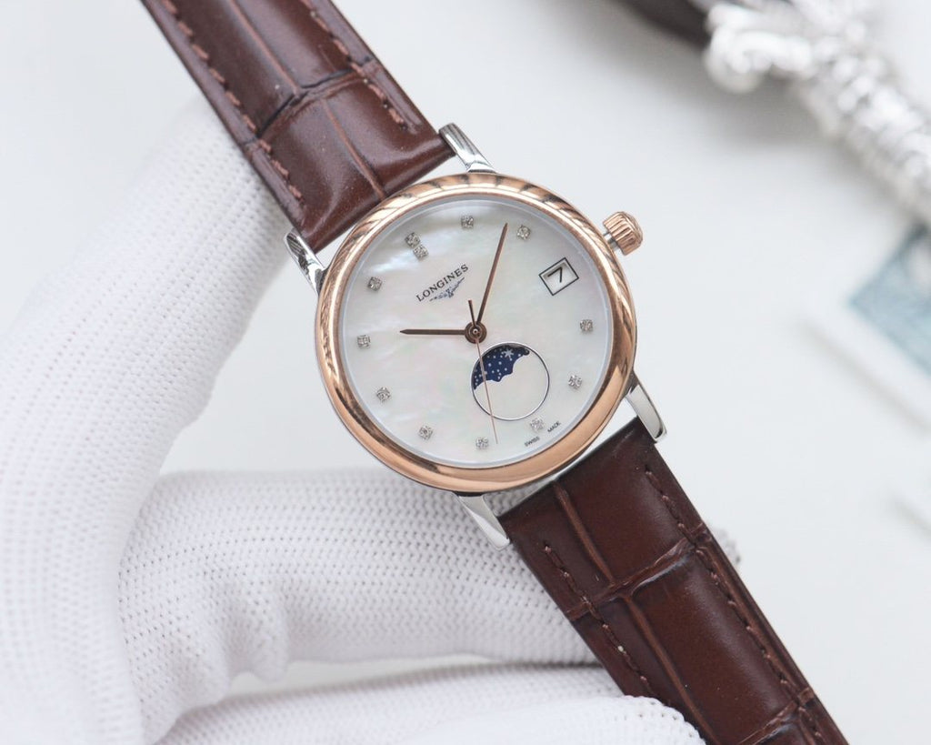 Longines Brown Rose Gold White Dial Strap Watch — hero