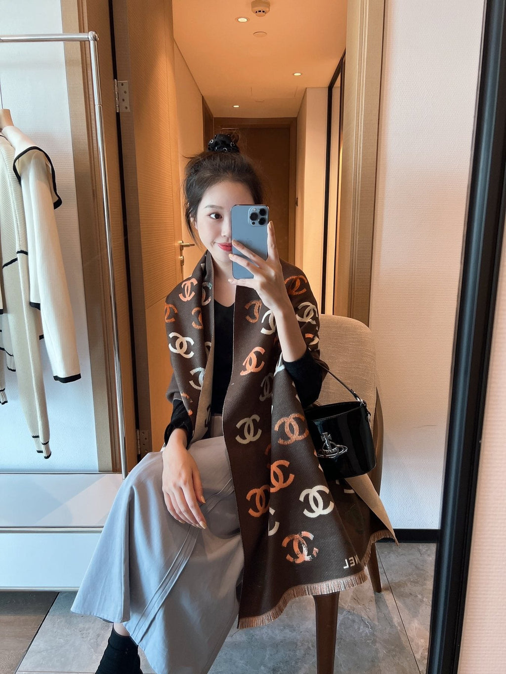 Chanel Motif Fringed Scarf — model