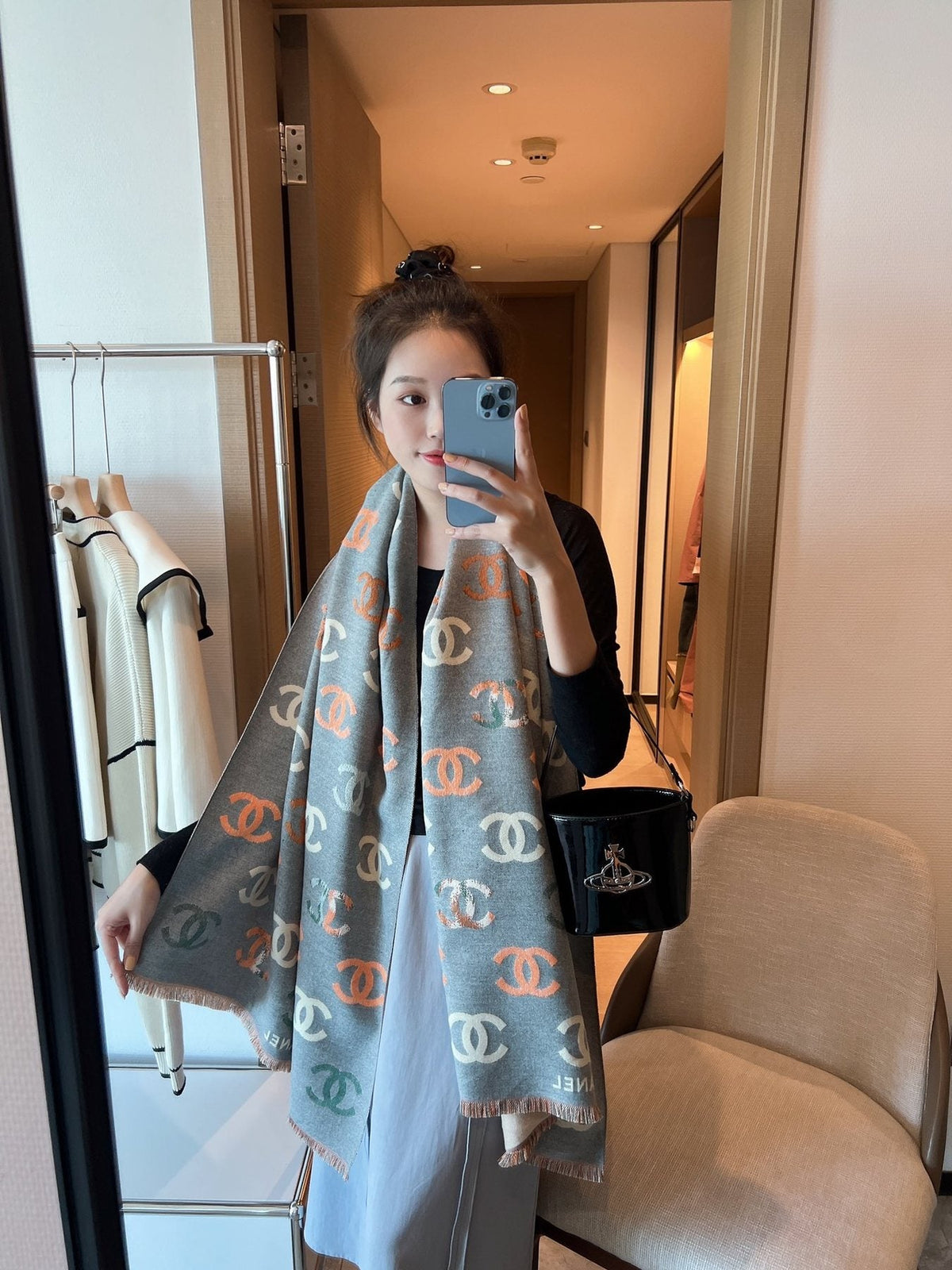 Chanel Motif Fringed Scarf — model