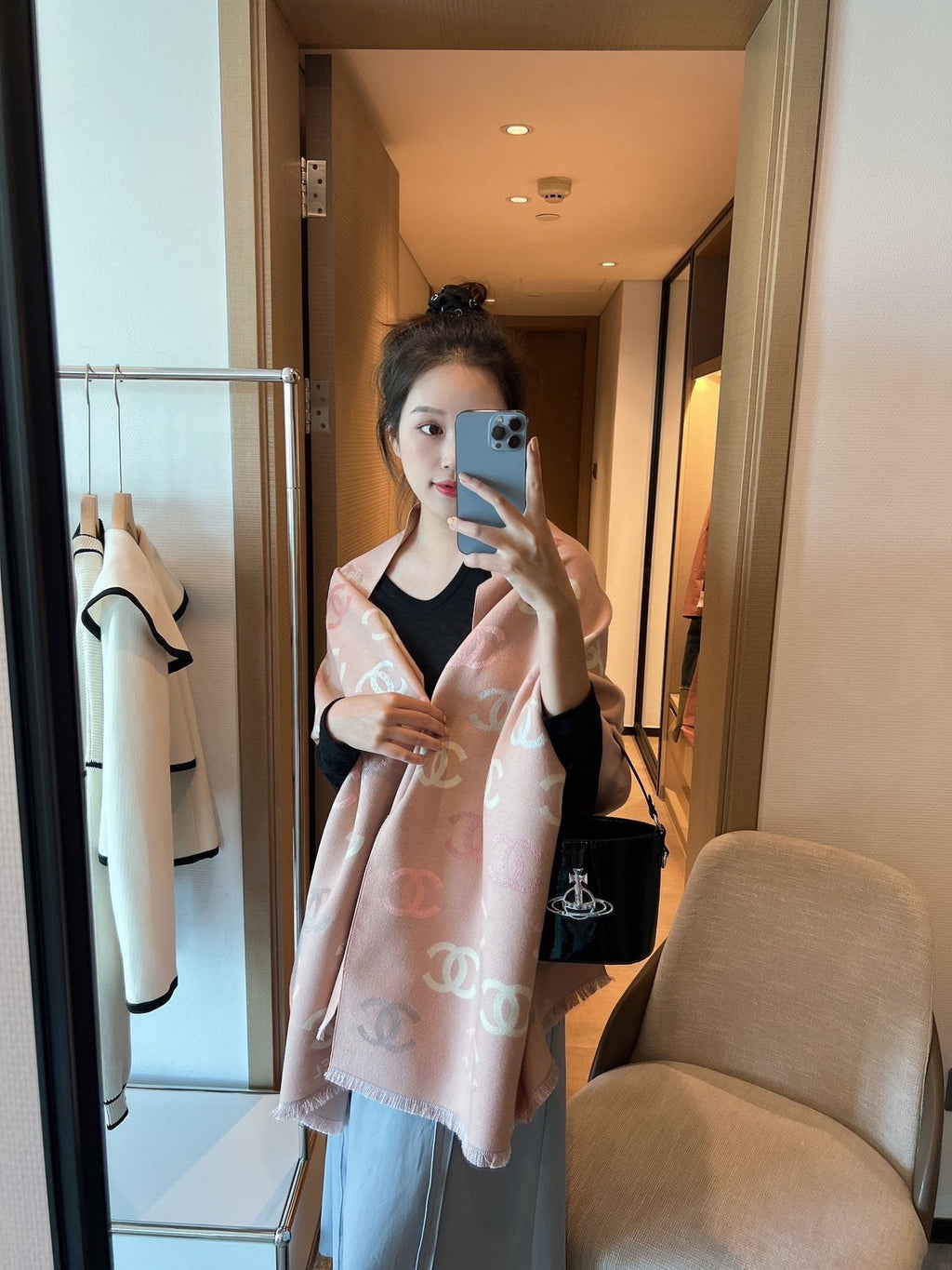 Chanel Motif Fringed Scarf — model