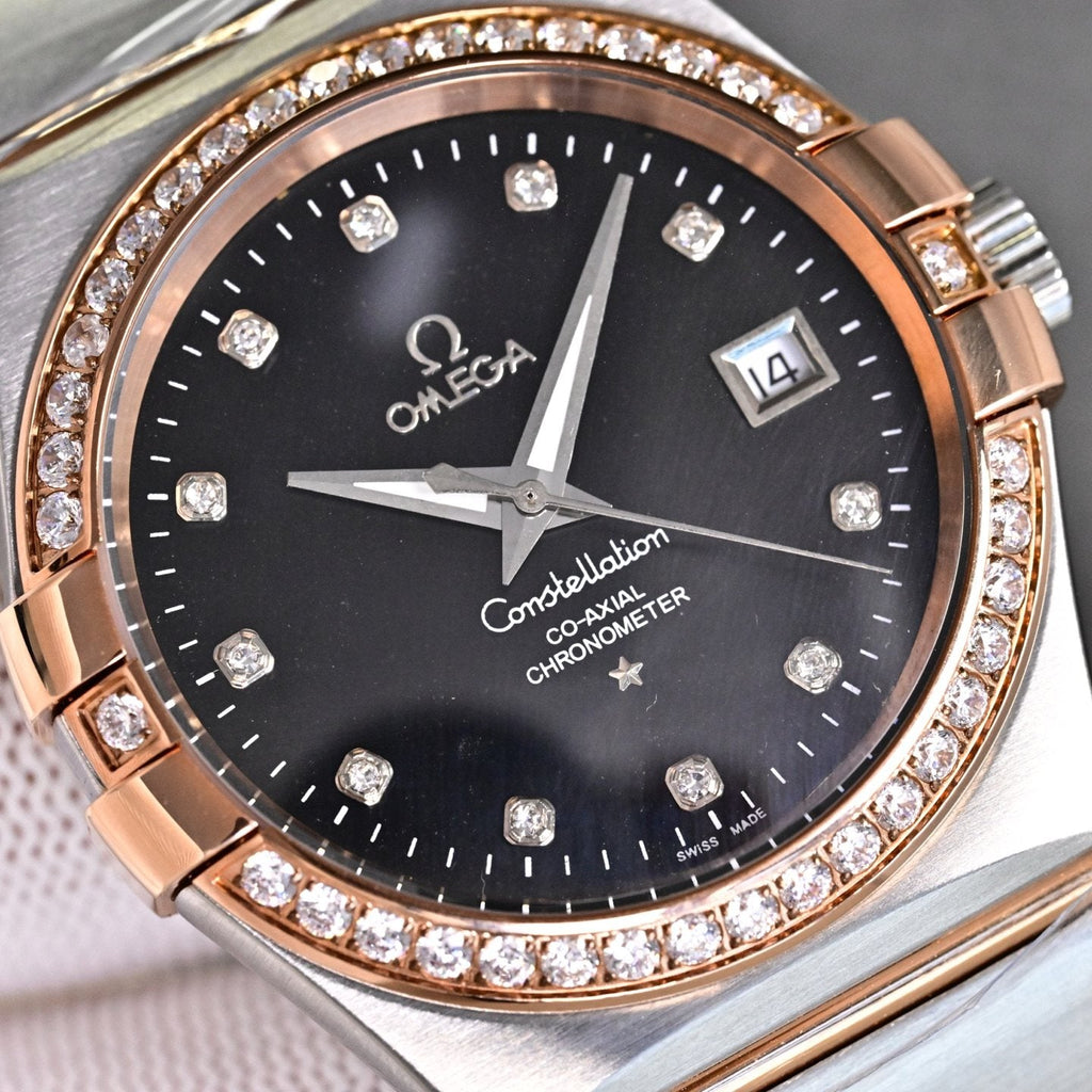 Omega Two Tone Silver Black Dial Bracelet Watch — detail
