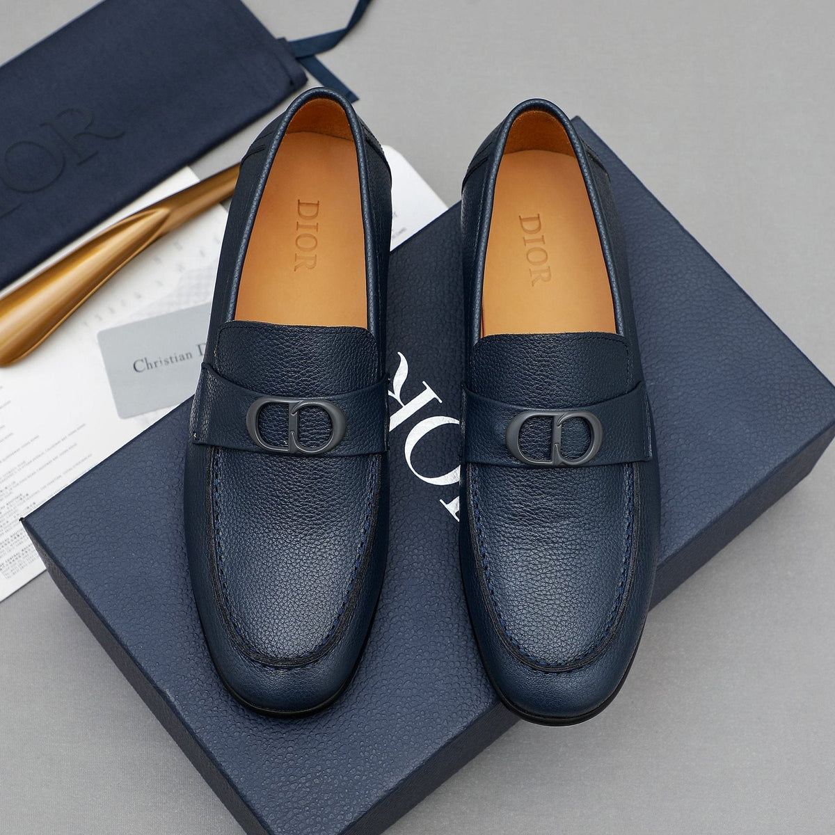 Dior Navy Blue Pebbled Leather Loafers — front