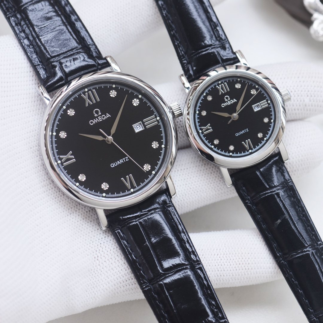 Omega Black Dial Leather Strap Watch — hero