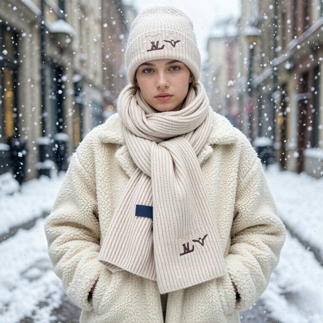 Louis Vuitton Cream Beige Beanie & Scarf Set — model
