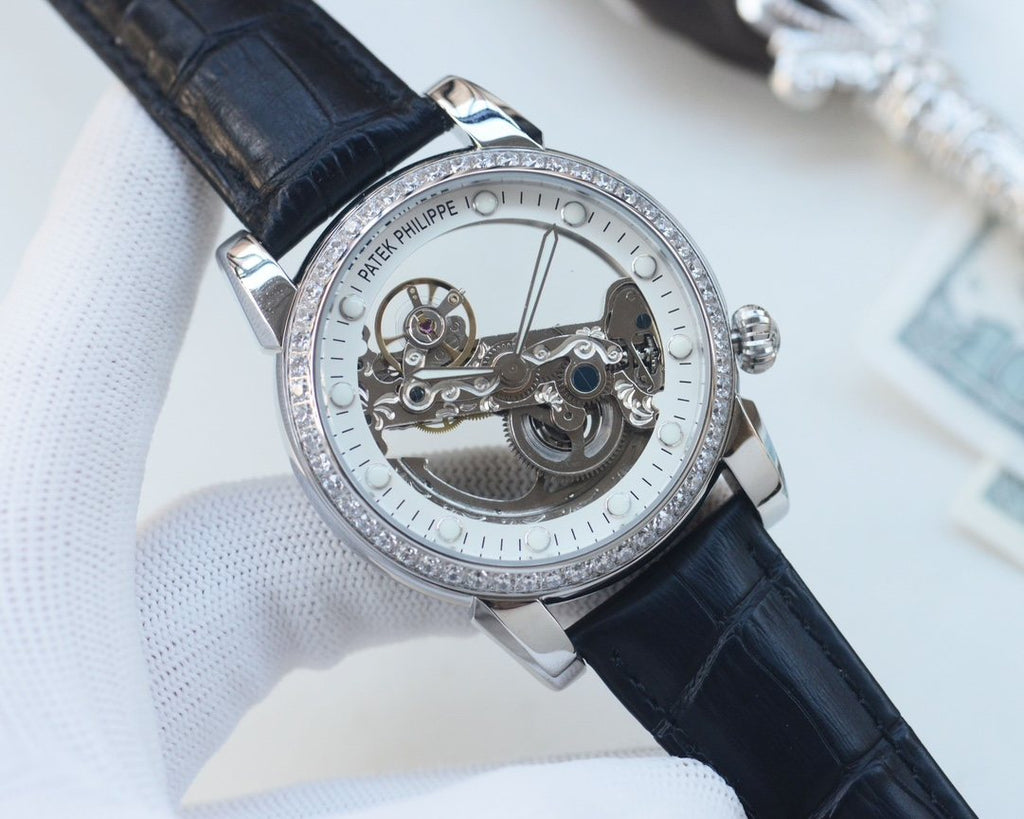 Patek Philippe Silver Black Leather Strap Watch — hero