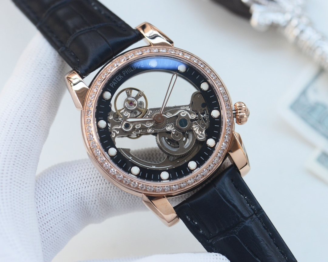 Patek Philippe Rose Gold Black Leather Strap Watch — hero