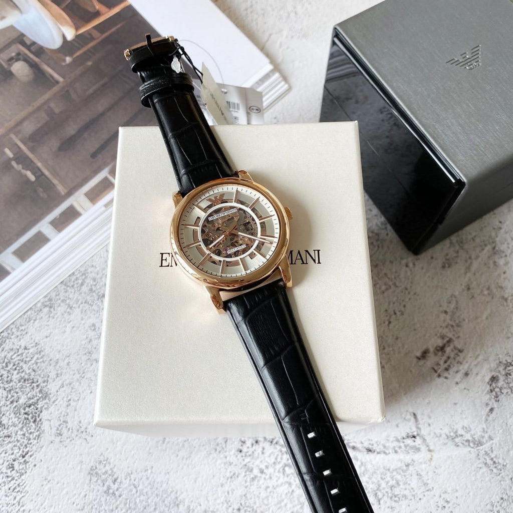 EMPORIO ARMANI Rose-Gold Skeleton Dial Watch — front