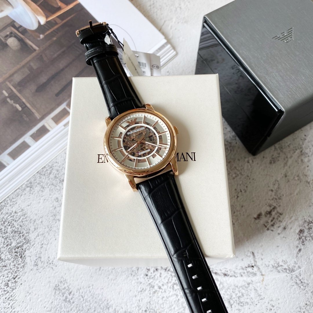 EMPORIO ARMANI Rose-Gold Skeleton Dial Watch — front