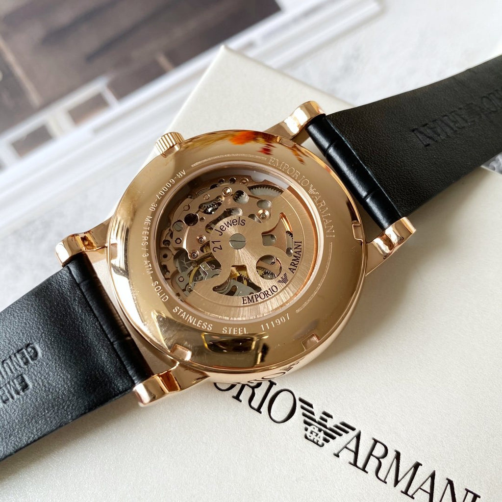 EMPORIO ARMANI Rose-Gold Skeleton Dial Watch — back