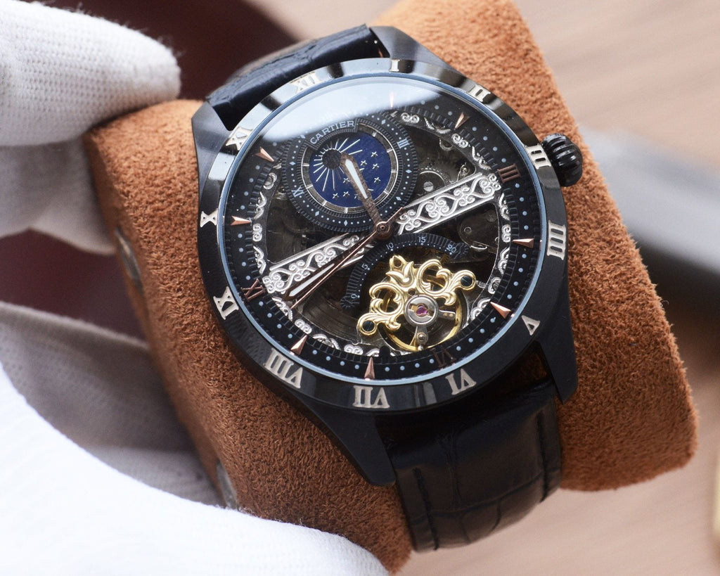 Cartier Black Dial Leather Strap Watch — front