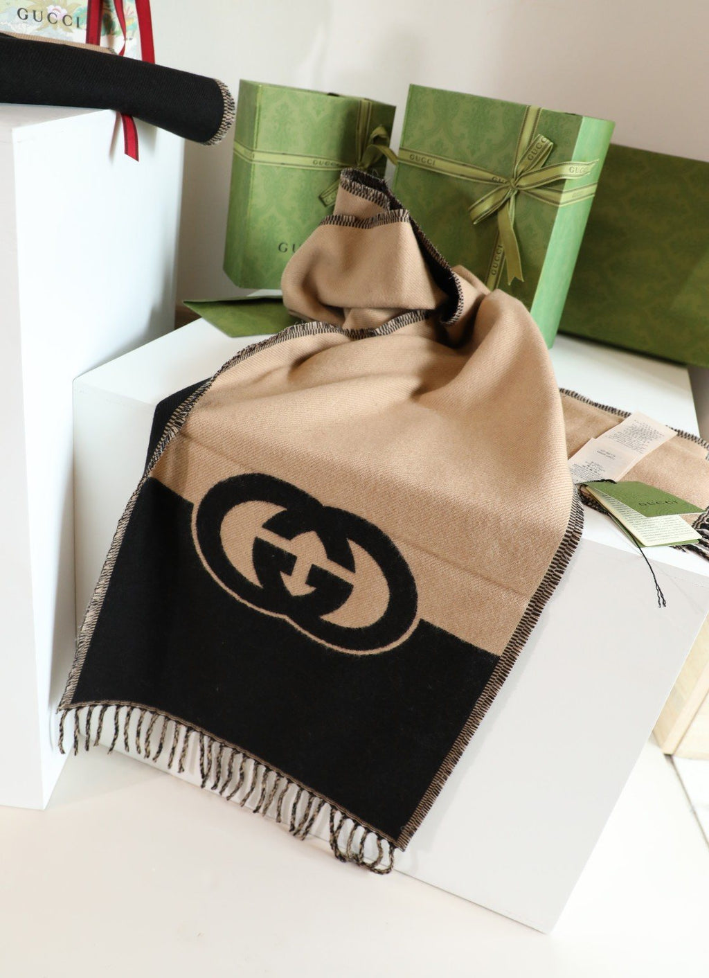 Gucci Black & Camel Beige Fringed Scarf — back
