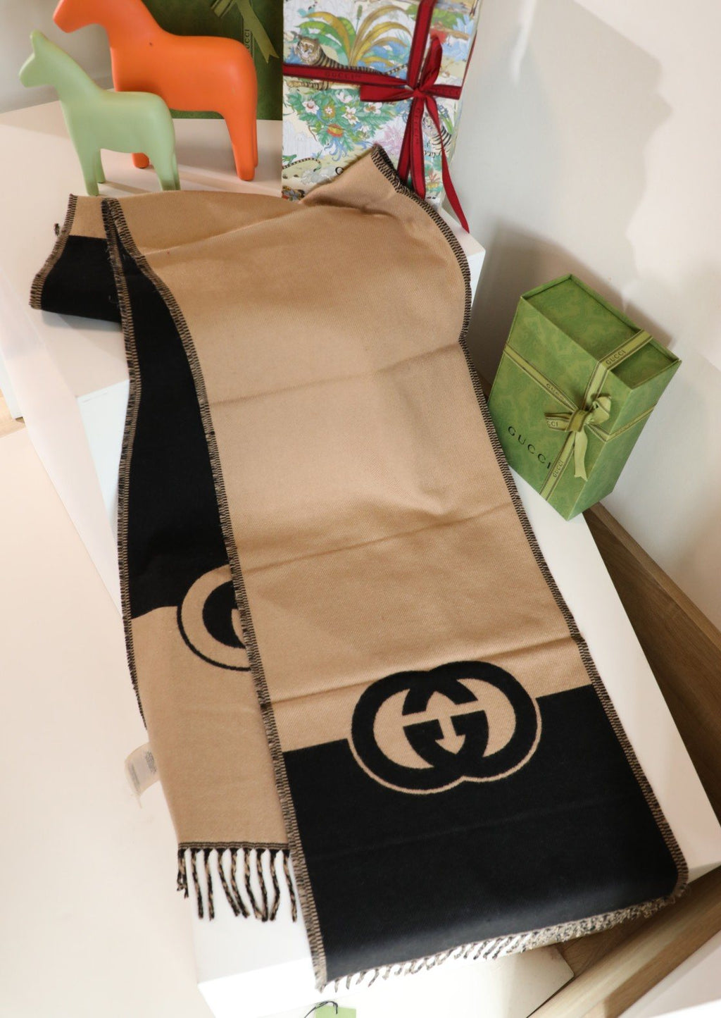Gucci Black & Camel Beige Fringed Scarf — back