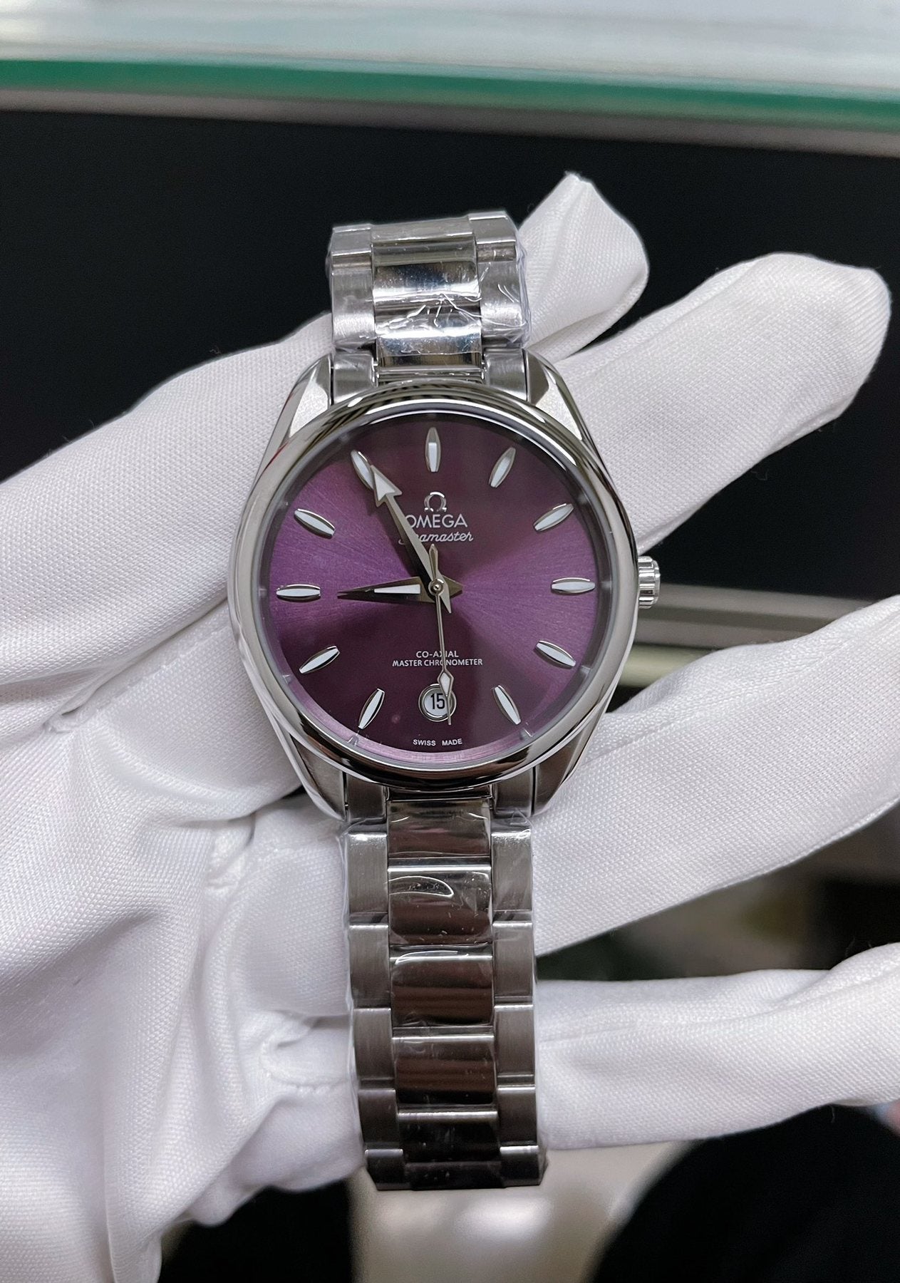 OMEGA Purple Dial Link Bracelet Watch — front