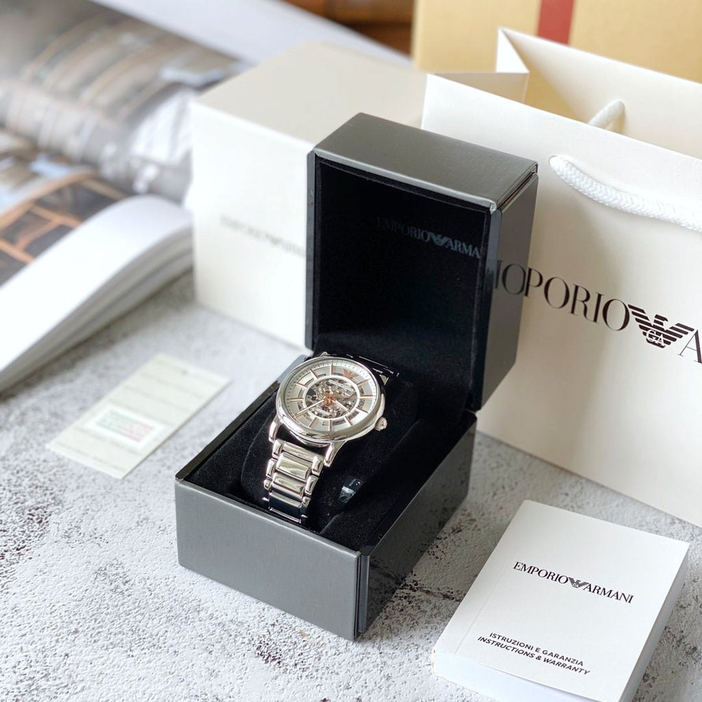 EMPORIO ARMANI Silver Skeleton Watch — front