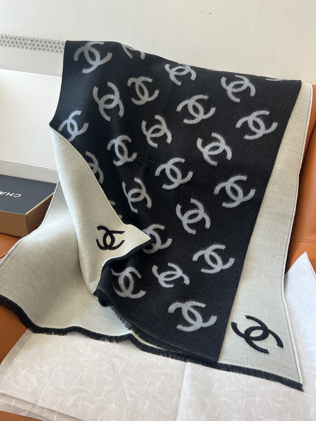 Chanel Reversible Black and Ivory Scarf — hero