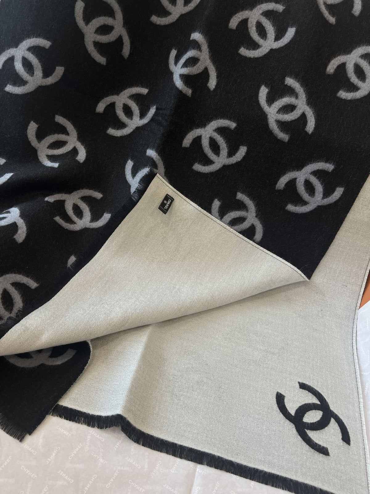 Chanel Reversible Black and Ivory Scarf — side