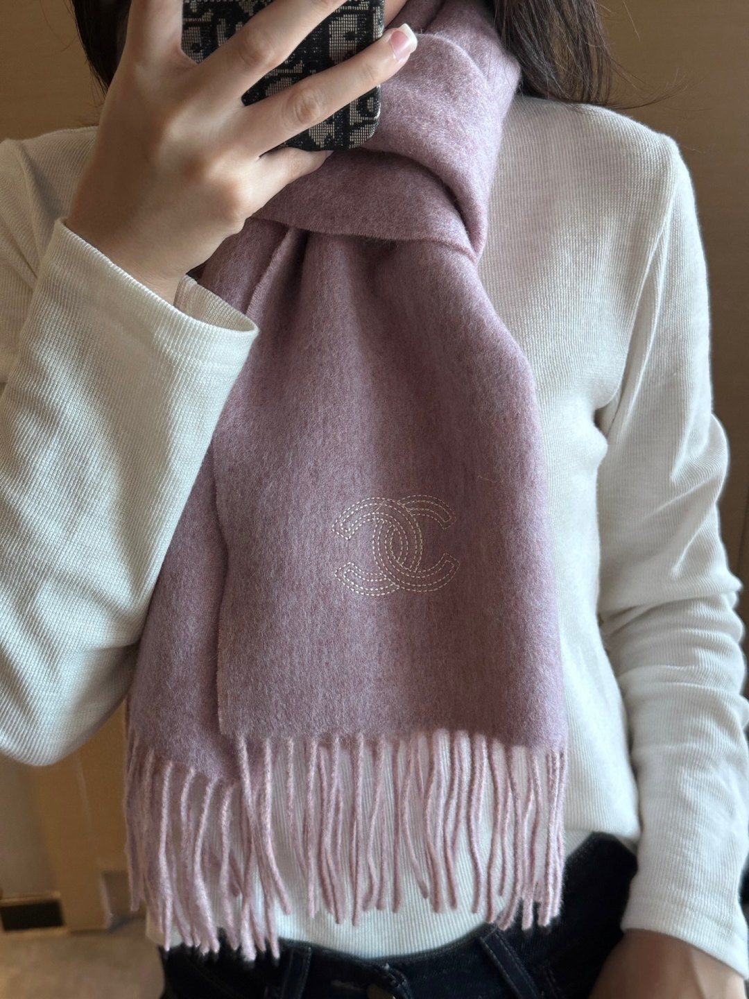 Chanel Two-Tone Fringed Scarf — model