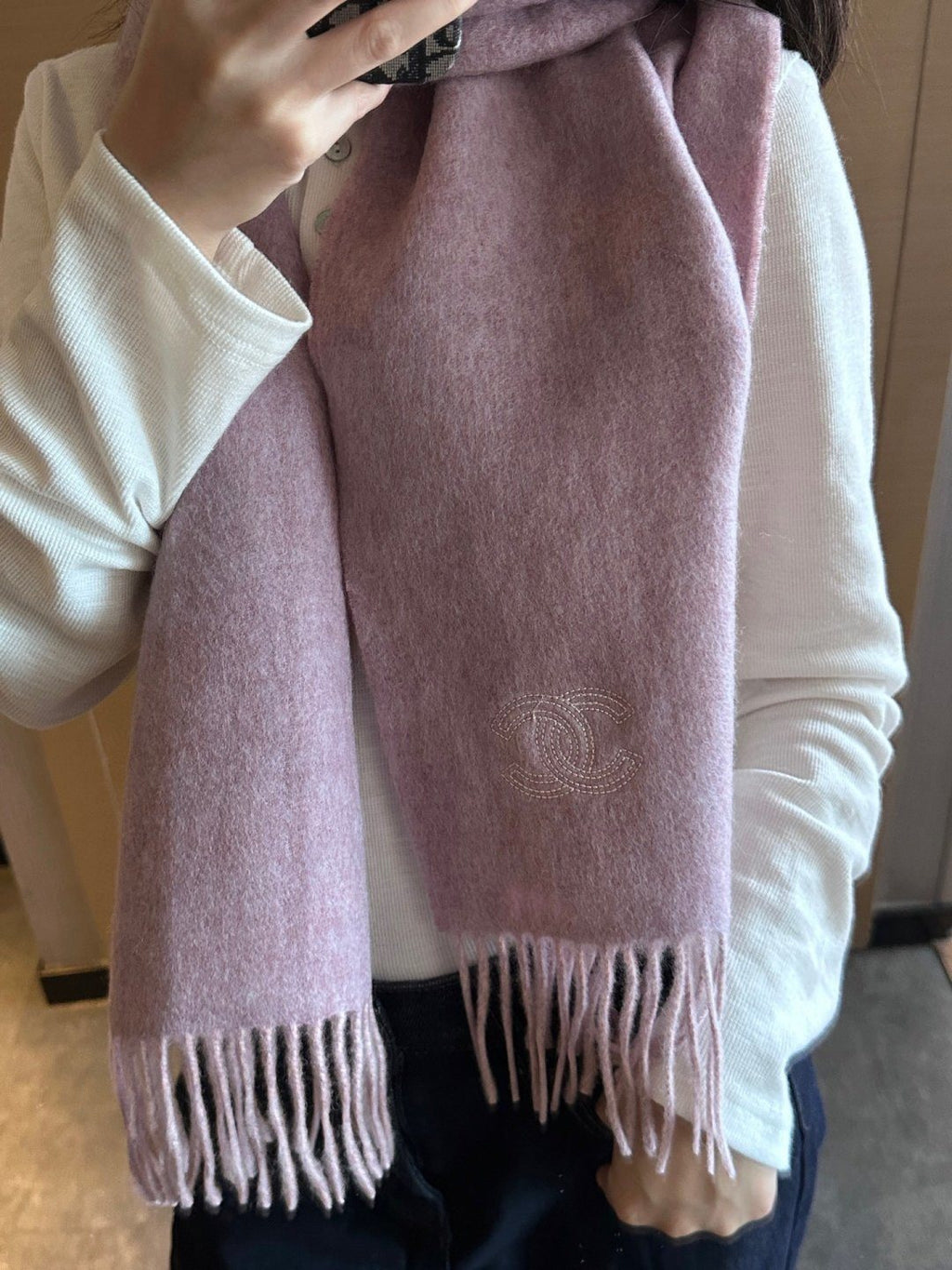 Chanel Fringed Logo Scarf — model