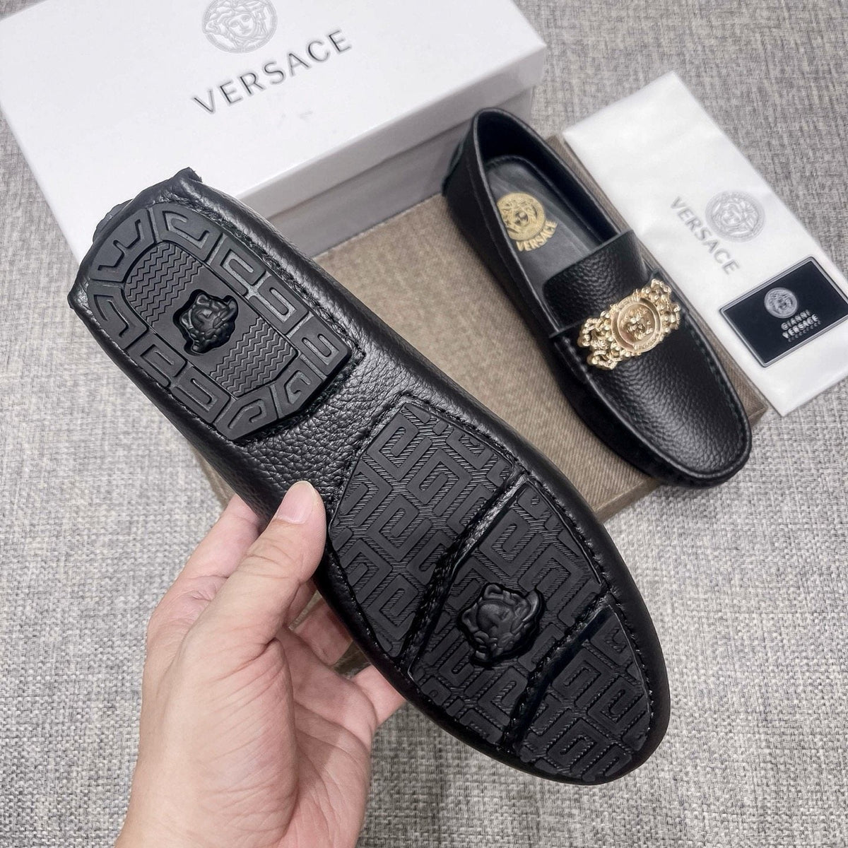 Versace Black Pebbled Leather Loafers — model