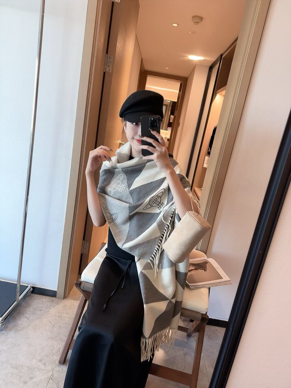Vivienne Westwood Blush Pink Geometric Scarf — model