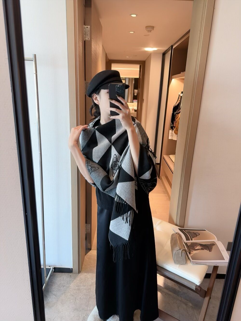 Vivienne Westwood Geometric Orb Fringe Scarf — model