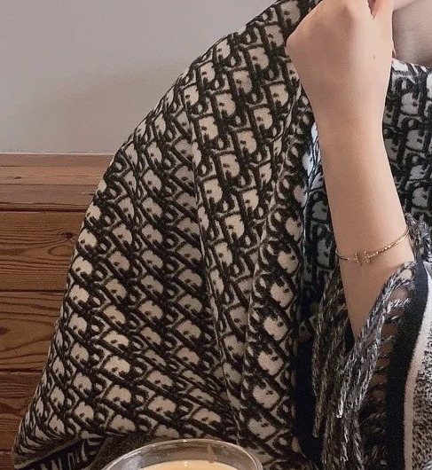 Dior Black & Ivory Fringed Shawl — detail