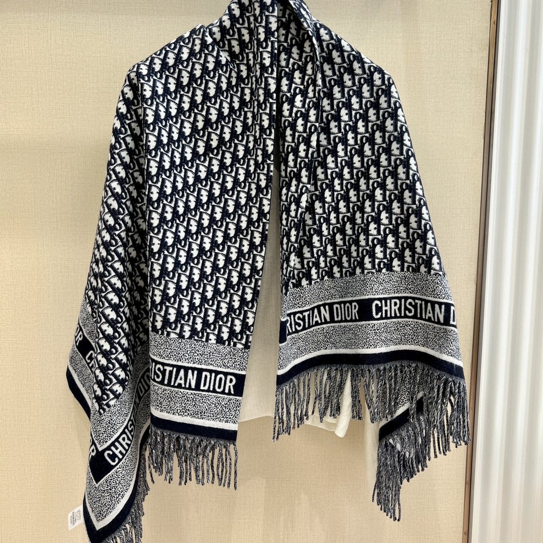 Dior Black & Ivory Fringed Shawl — hero
