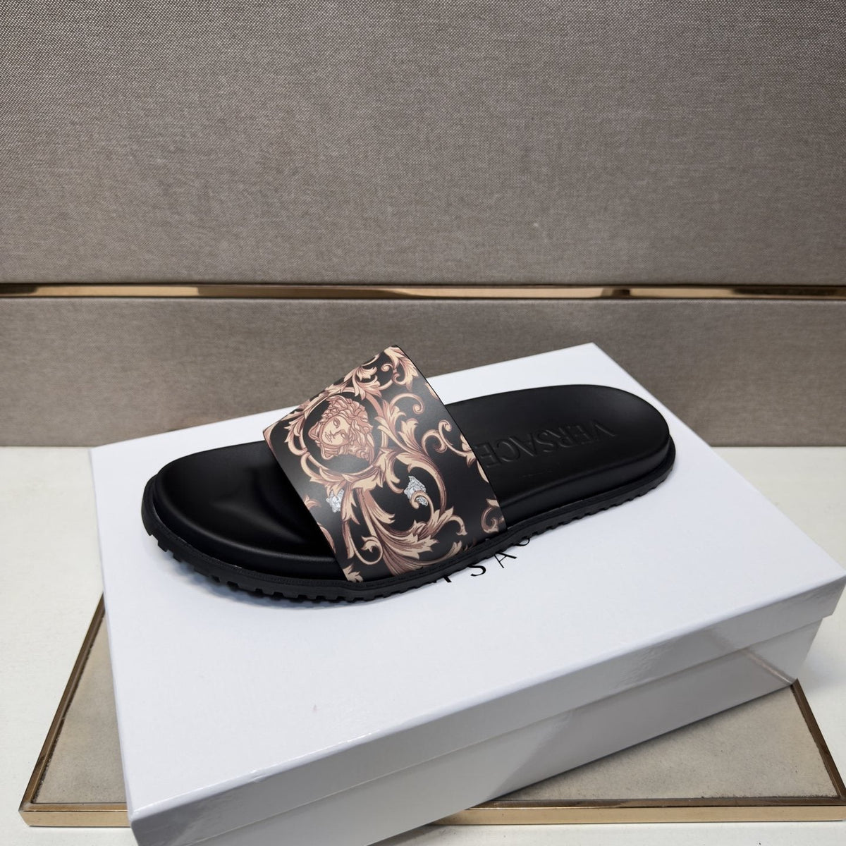 Versace Black Ornamental Strap Slide Sandals — front