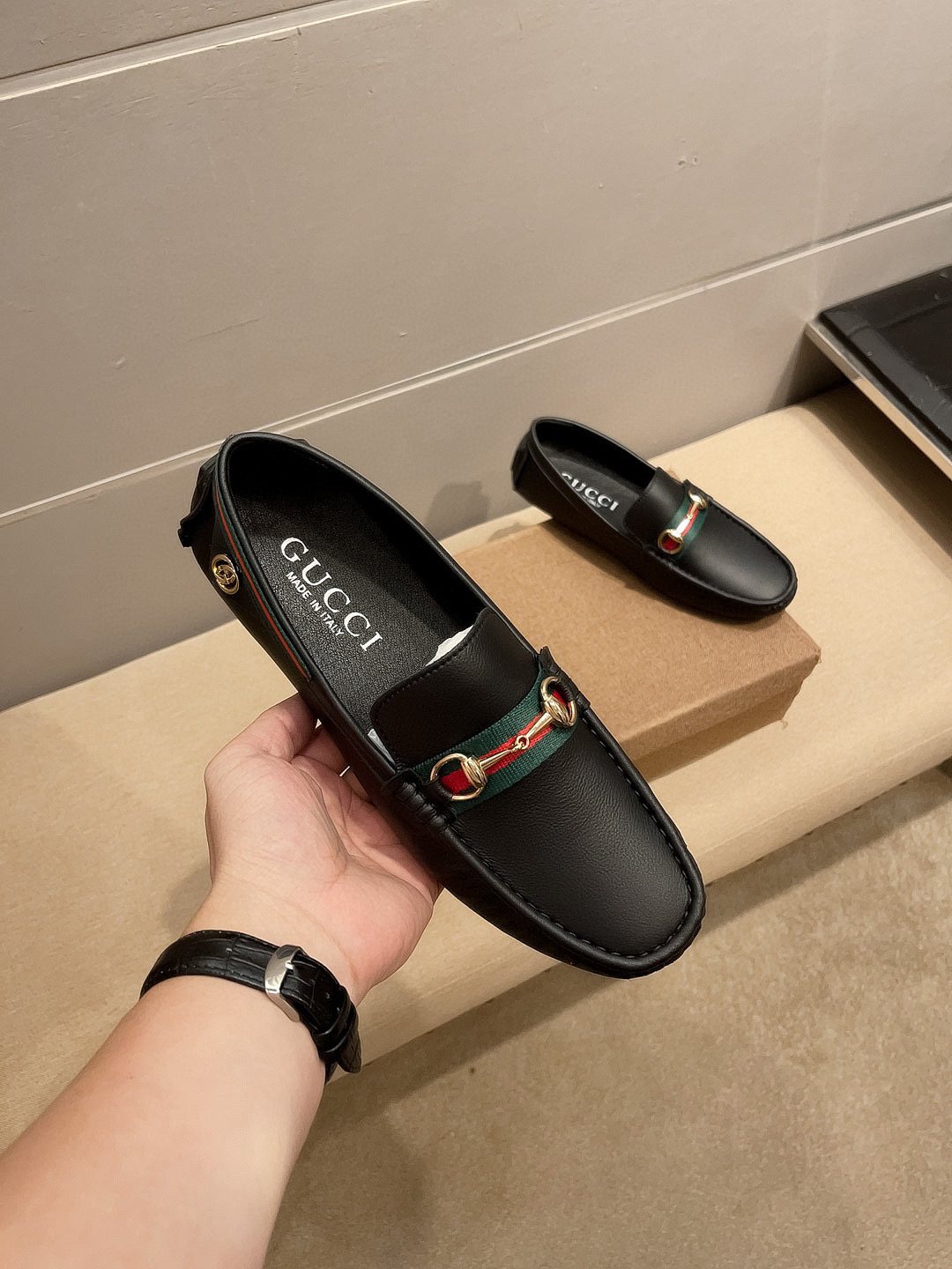 Gucci Black Web Buckle Loafers — front