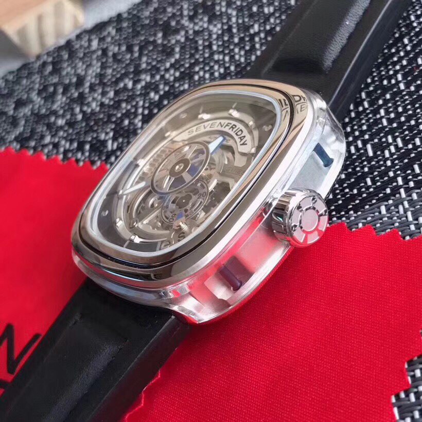 SEVENFRIDAY Silver Case Black Strap Watch — side